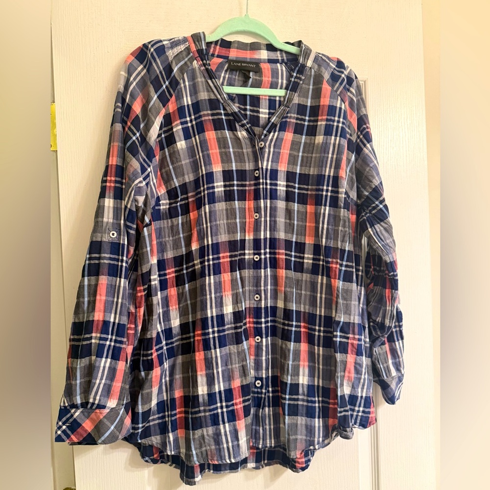 Lane Bryant Blue Pink Casual V Neck Button Down Plaid Tunic Shirt - size 14/16